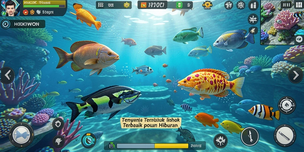 Screenshot HOKIWON menunjukkan pemain menangkap ikan dengan senapan.
